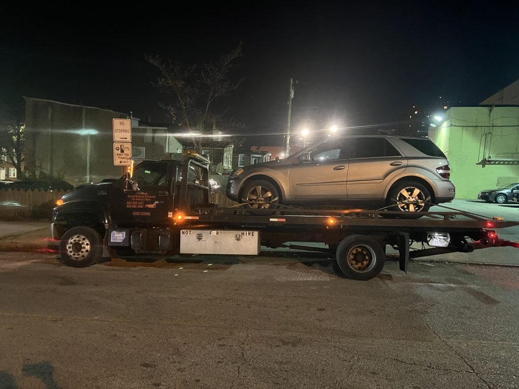 I got Whipz Towing & Roadside Assistance with a silver mercedes mlk towing near me from 3300 eastern ave baltimore, MD 21224 to 1000 leslie ave Catonsville, MD 21228