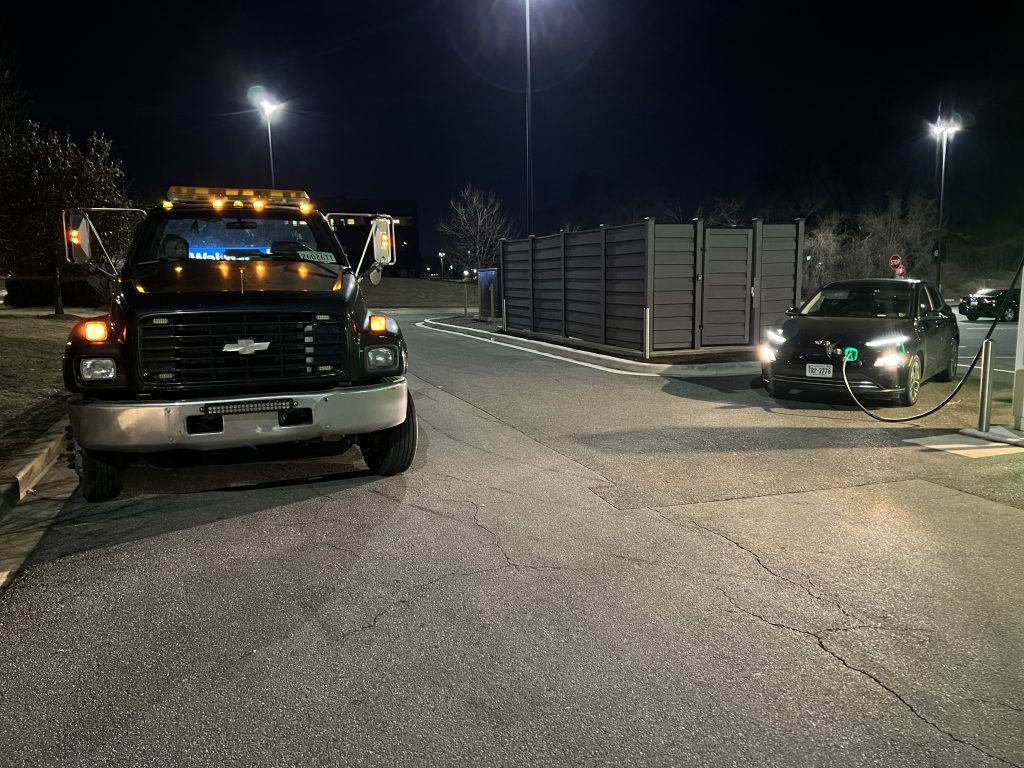 I got Whipz Towing & Roadside Assistance with a grey hyundai kona electric car towing near me from 39.312671, -76.746047 to 2204 Rolling Rd Baltimore, MD 21244