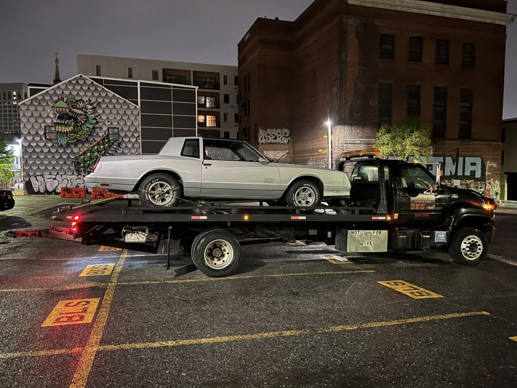 I got Whipz Towing & Roadside Assistance with a grey Chevy Monte Carlo SS towing near me from 500 Park Ave, Baltimore, MD 21201 to 39.366198, -76.722002
