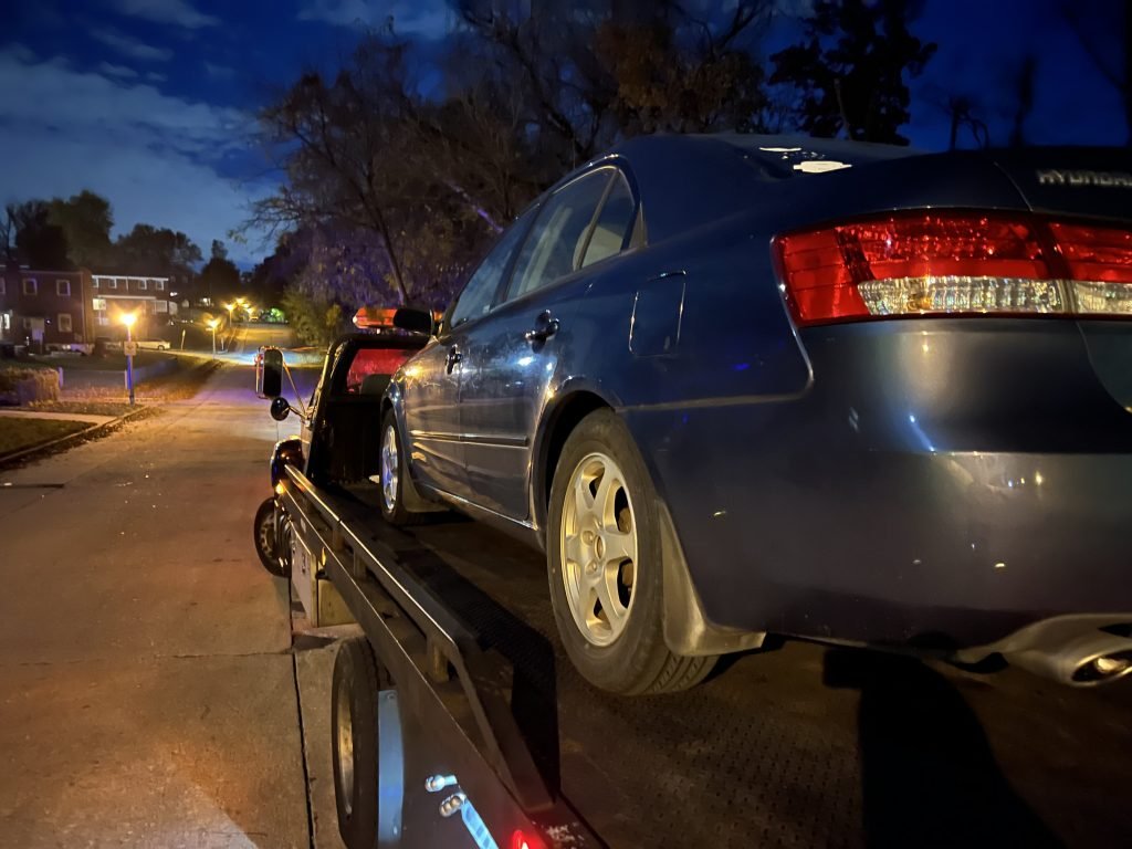 I Got Whipz Towing & Roadside Assistance with a blue hyundai sonata sedan towing near me from 39.335093, -76.709008 to 3500 Marmon Ave, Gwynn Oak, MD 21207