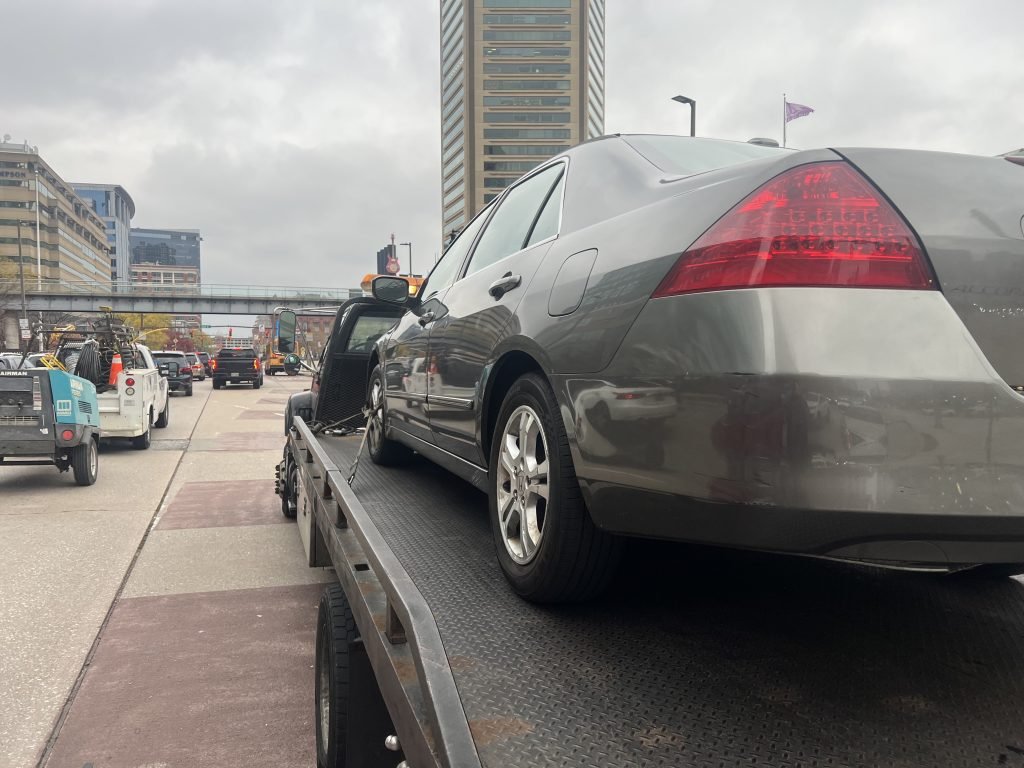 I Got Whipz Towing & Roadside Assistance with a grey honda accord sedan towing near me from 39.286570,-76.611920 to 7900 Chipper rd Windsor Mill, MD 21244
